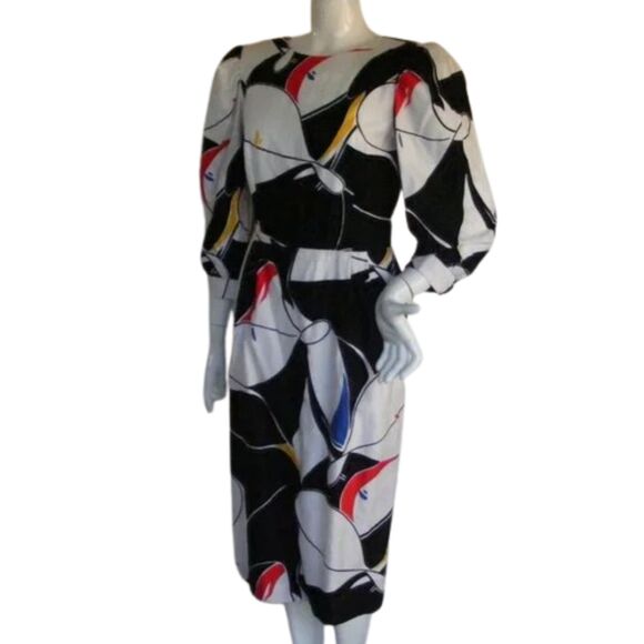 Vintage Dress, S, Abstract print, Shoulder pads, 3/4 sleeve, Low back, Buttons - Picture 3 of 8